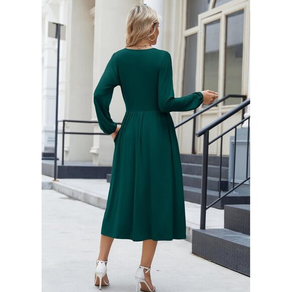 Zeagoo Women Dark Green Long Sleeve Flowy A-Line Boho Long Dress with Pockets - Picture 5 of 6